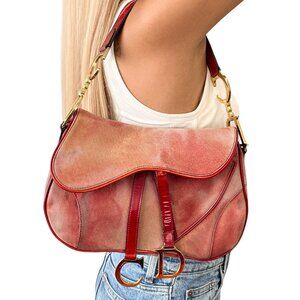 Christian Dior Vintage Double Saddle Shoulder Bag Red Gold Coated Suede [105636]